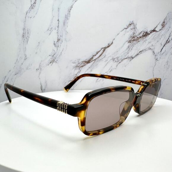 New MIU MIU Sunglasses Brown Square Tortoise Rectangular Gold Logo Authentic - Picture 11 of 16
